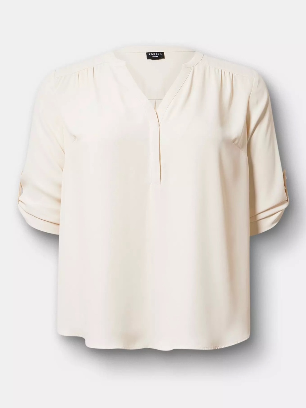 Cream V-Neck Roll-Sleeve Blouse